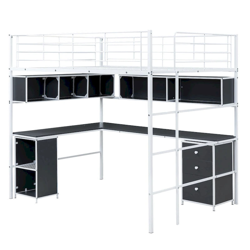 Metal Loft Bed with bookcase, desk and cabinet