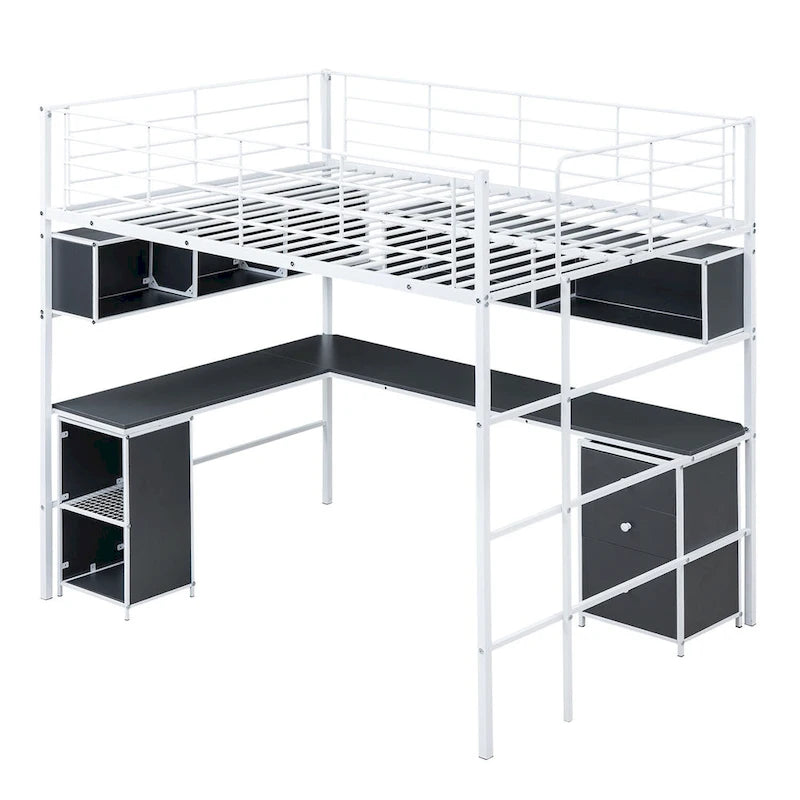 Metal Loft Bed with bookcase, desk and cabinet