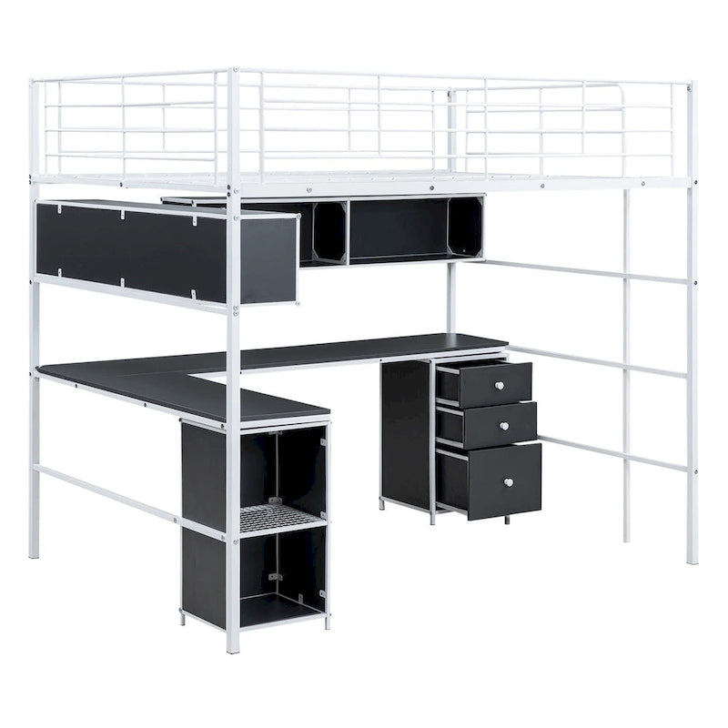Metal Loft Bed with bookcase, desk and cabinet