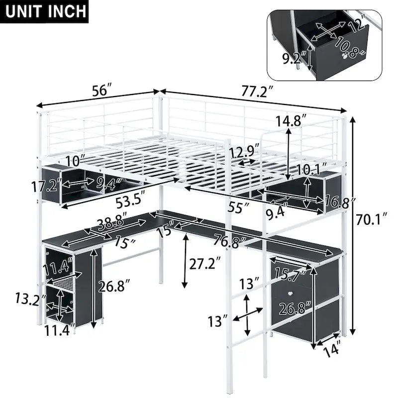 Metal Loft Bed with bookcase, desk and cabinet