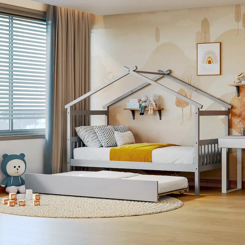 Lit double en bois en forme de maison avec lit gigogne