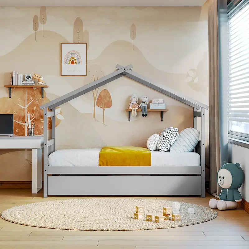 Twin Size Wood House-shaped Bed with Trundle