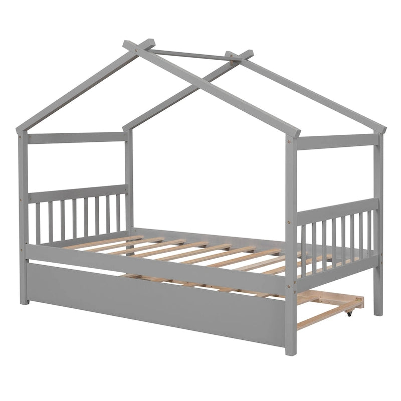 Twin Size Wood House-shaped Bed with Trundle