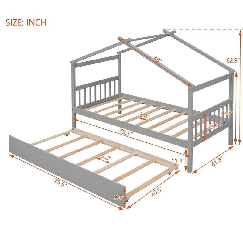Twin Size Wood House-shaped Bed with Trundle