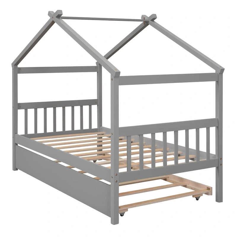 Twin Size Wood House-shaped Bed with Trundle