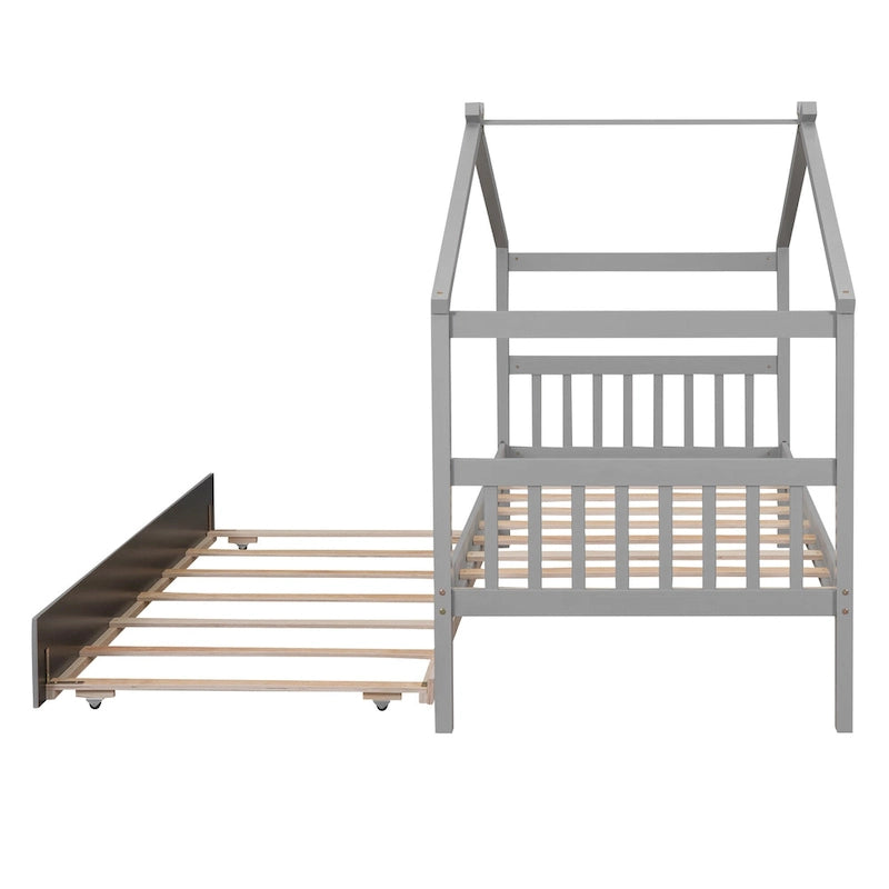 Twin Size Wood House-shaped Bed with Trundle