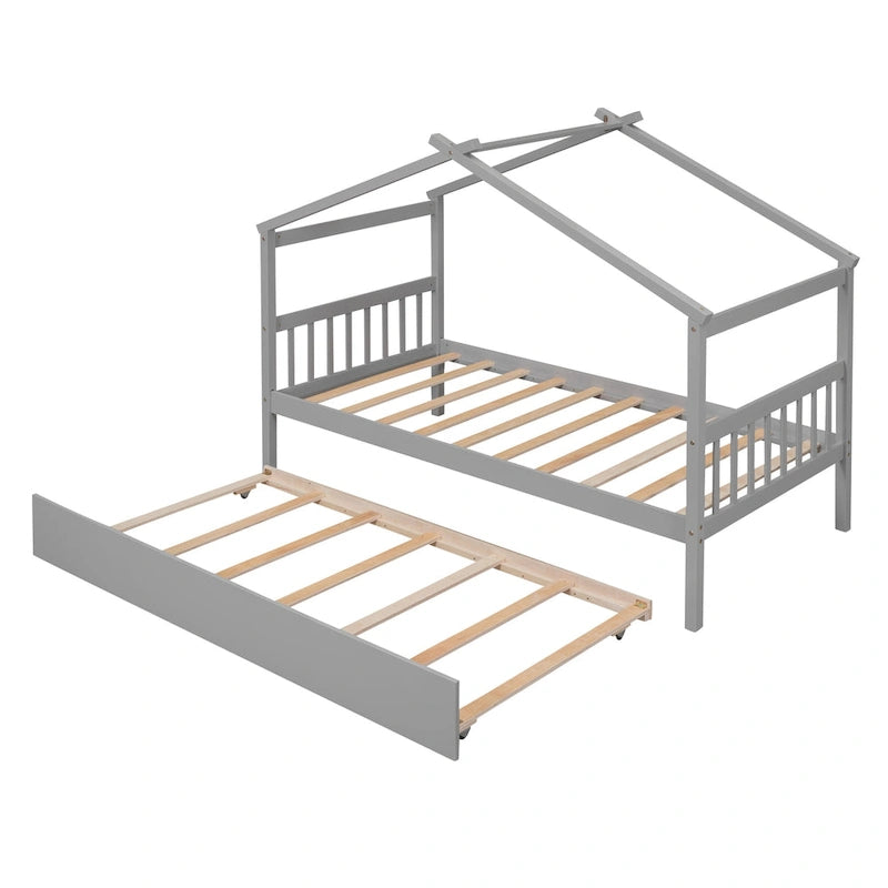 Twin Size Wood House-shaped Bed with Trundle