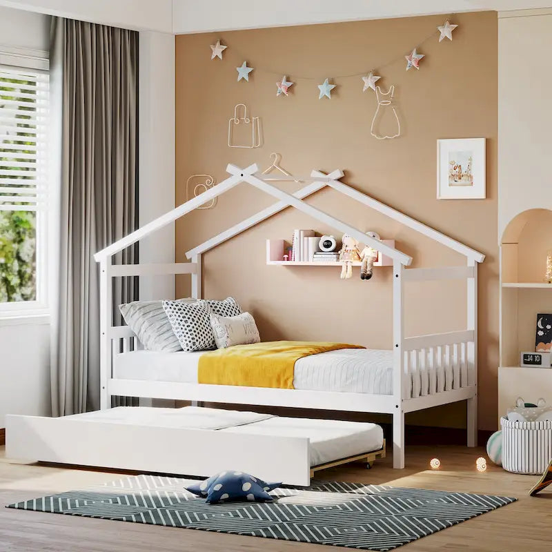 Twin Size Wood House-shaped Bed with Trundle