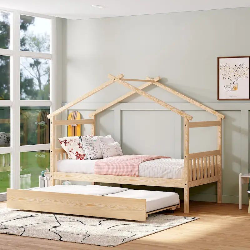 Twin Size Wood House-shaped Bed with Trundle