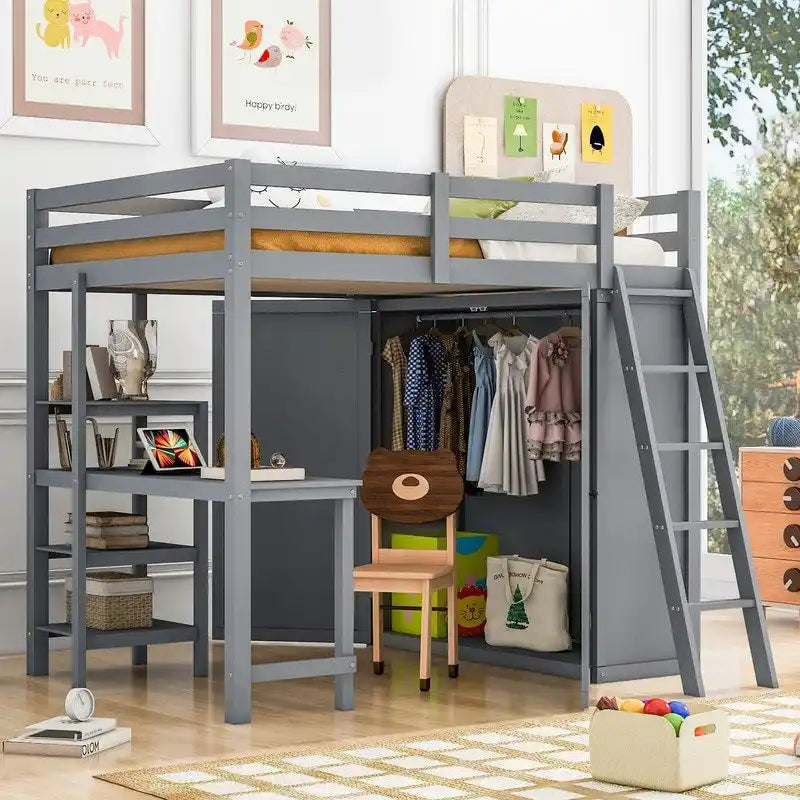 Full Size Wooden Loft Bed with Wardrobe and Desk and Shelves