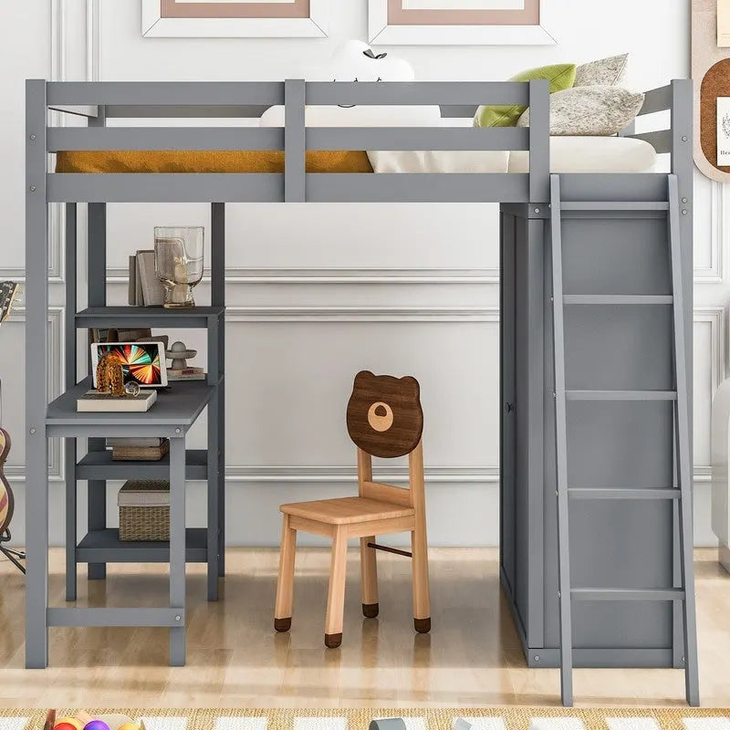 Full Size Wooden Loft Bed with Wardrobe and Desk and Shelves