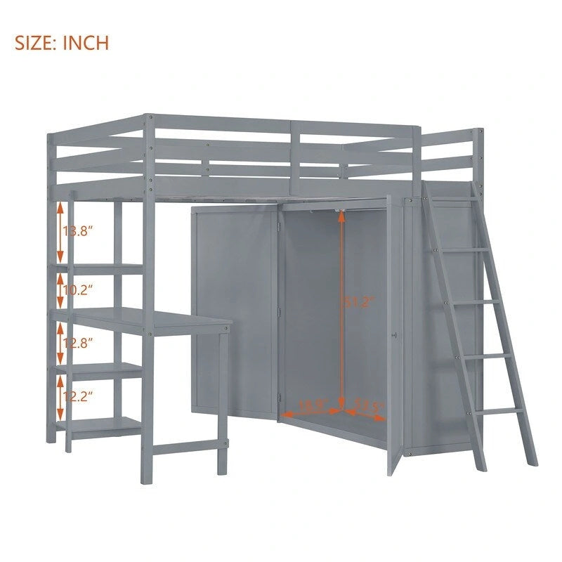 Full Size Wooden Loft Bed with Wardrobe and Desk and Shelves
