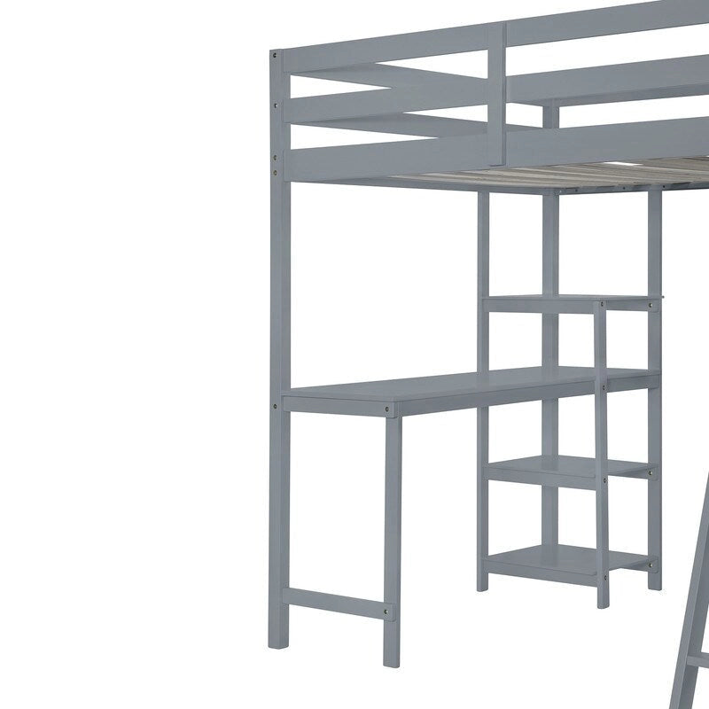 Full Size Wooden Loft Bed with Wardrobe and Desk and Shelves