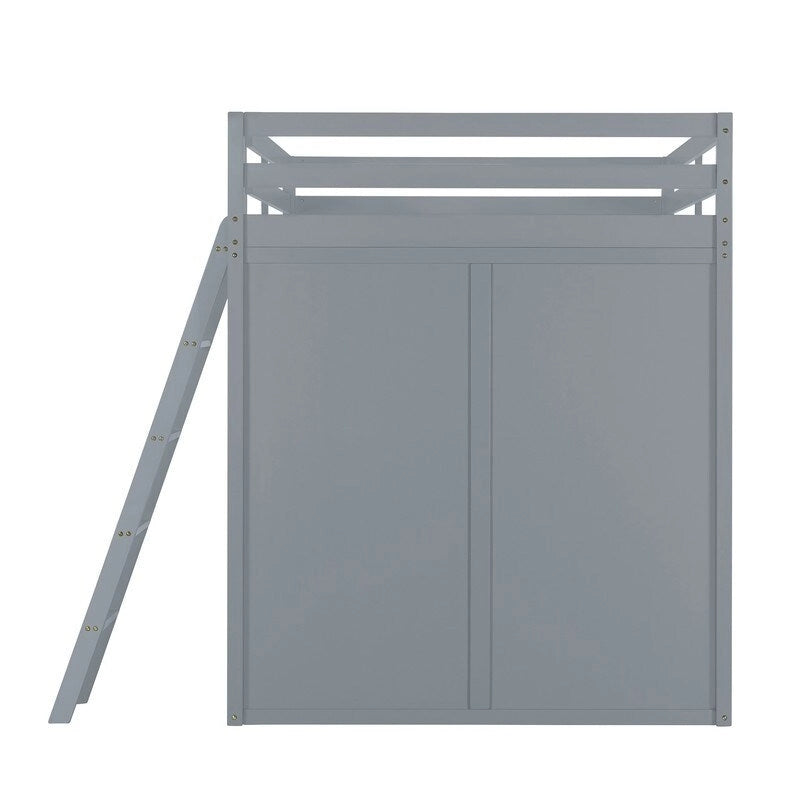 Full Size Wooden Loft Bed with Wardrobe and Desk and Shelves