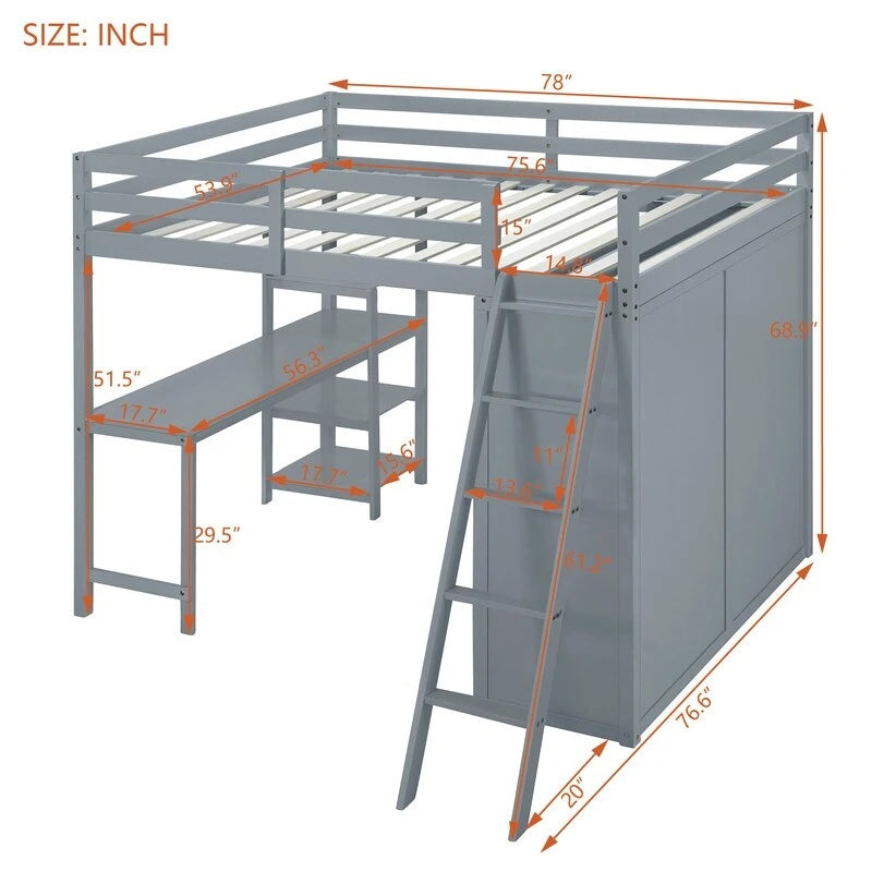 Full Size Wooden Loft Bed with Wardrobe and Desk and Shelves