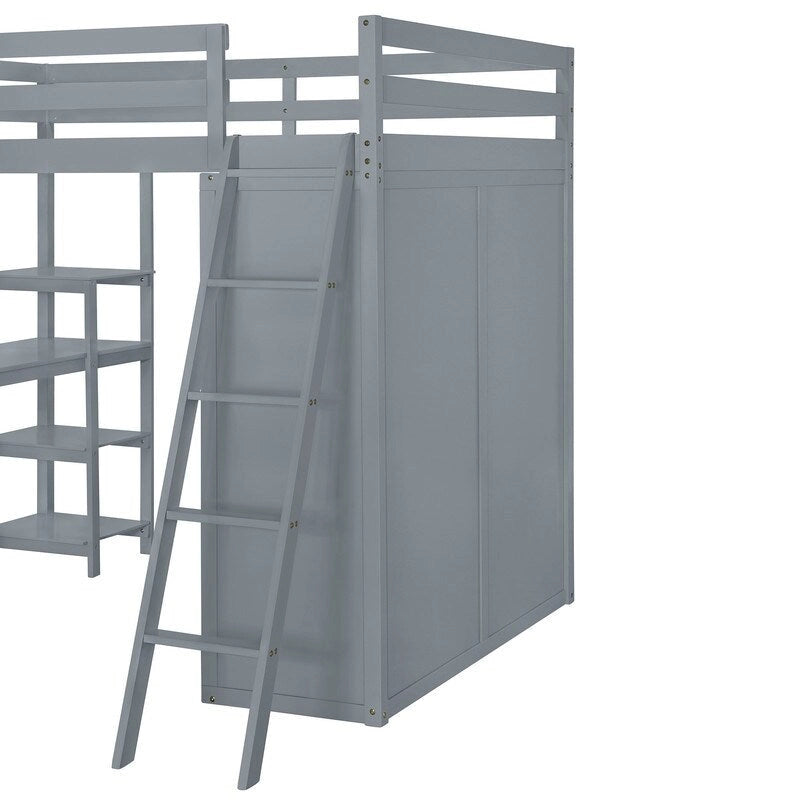 Full Size Wooden Loft Bed with Wardrobe and Desk and Shelves