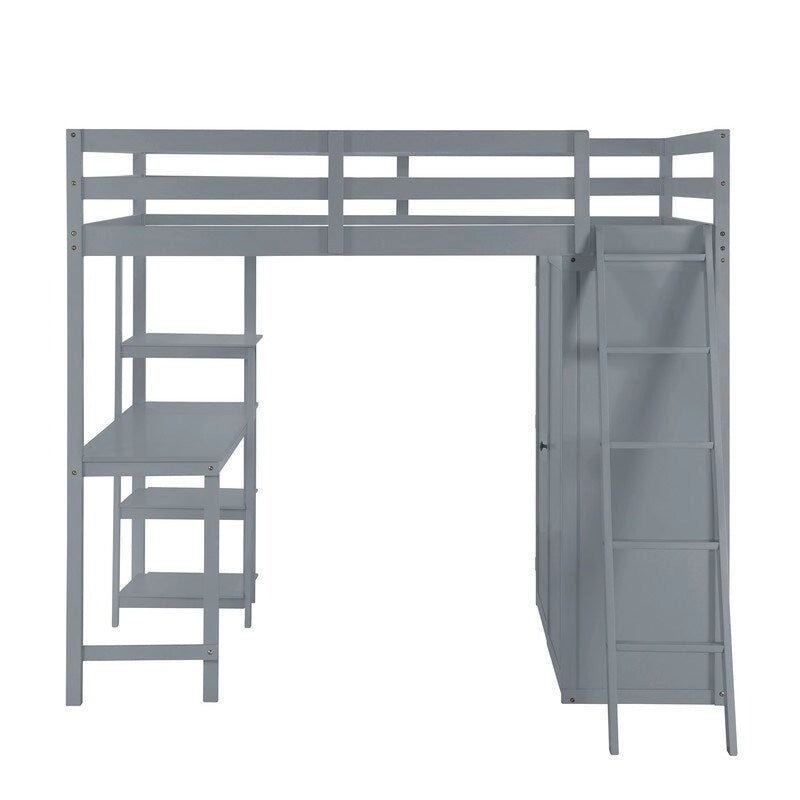 Full Size Wooden Loft Bed with Wardrobe and Desk and Shelves