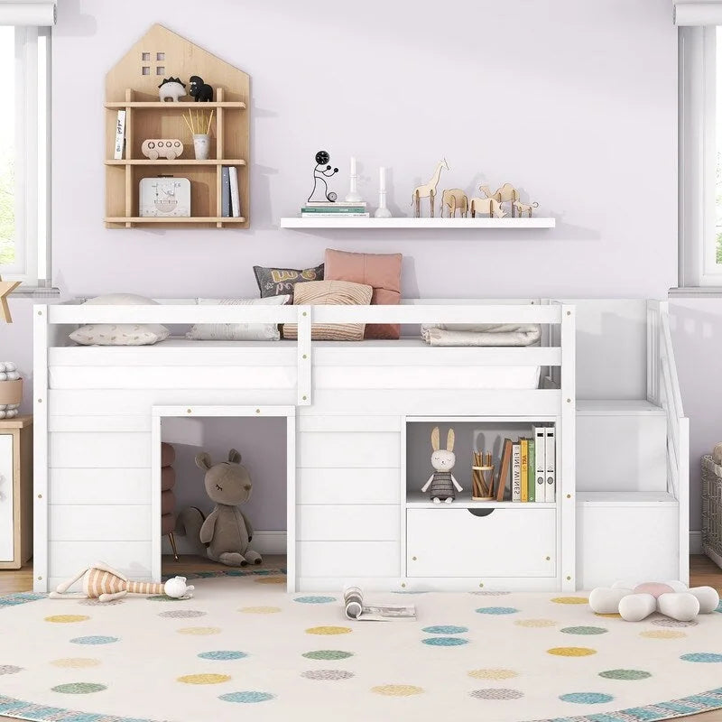 Solid Wood Twin Size Low Loft Bed With Stair, Drawer, and Shelf