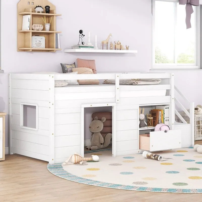 Solid Wood Twin Size Low Loft Bed With Stair, Drawer, and Shelf