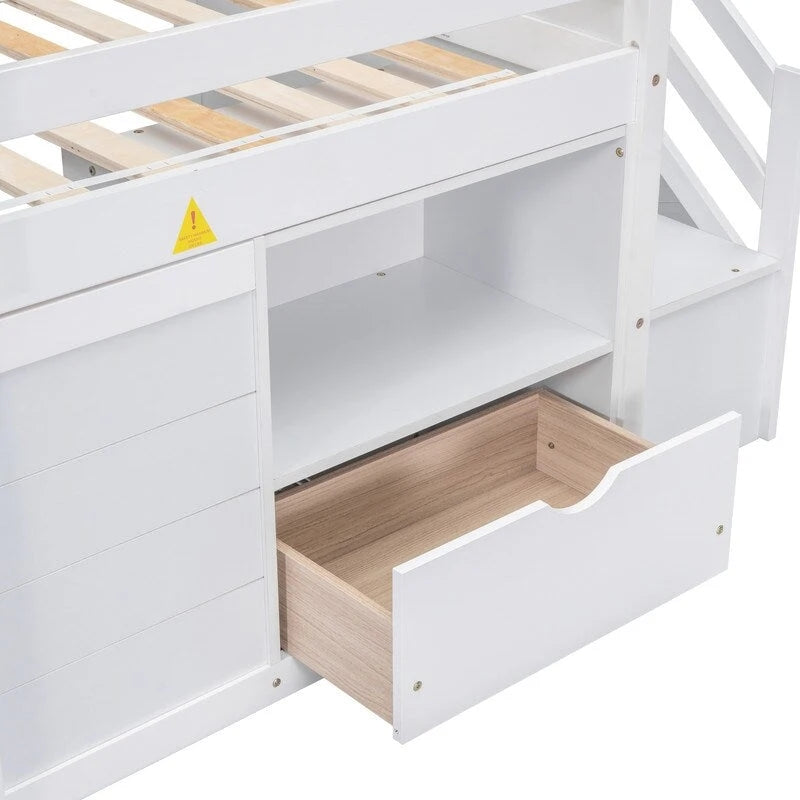Solid Wood Twin Size Low Loft Bed With Stair, Drawer, and Shelf