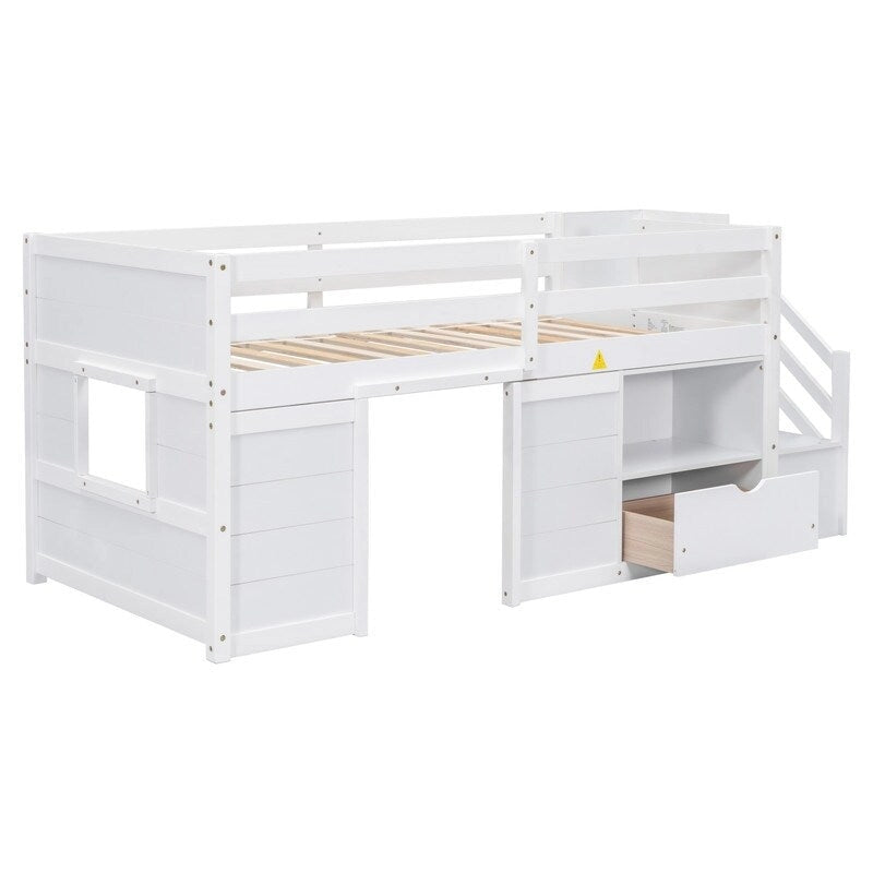 Solid Wood Twin Size Low Loft Bed With Stair, Drawer, and Shelf