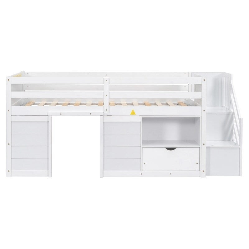 Solid Wood Twin Size Low Loft Bed With Stair, Drawer, and Shelf