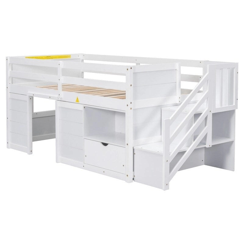 Solid Wood Twin Size Low Loft Bed With Stair, Drawer, and Shelf