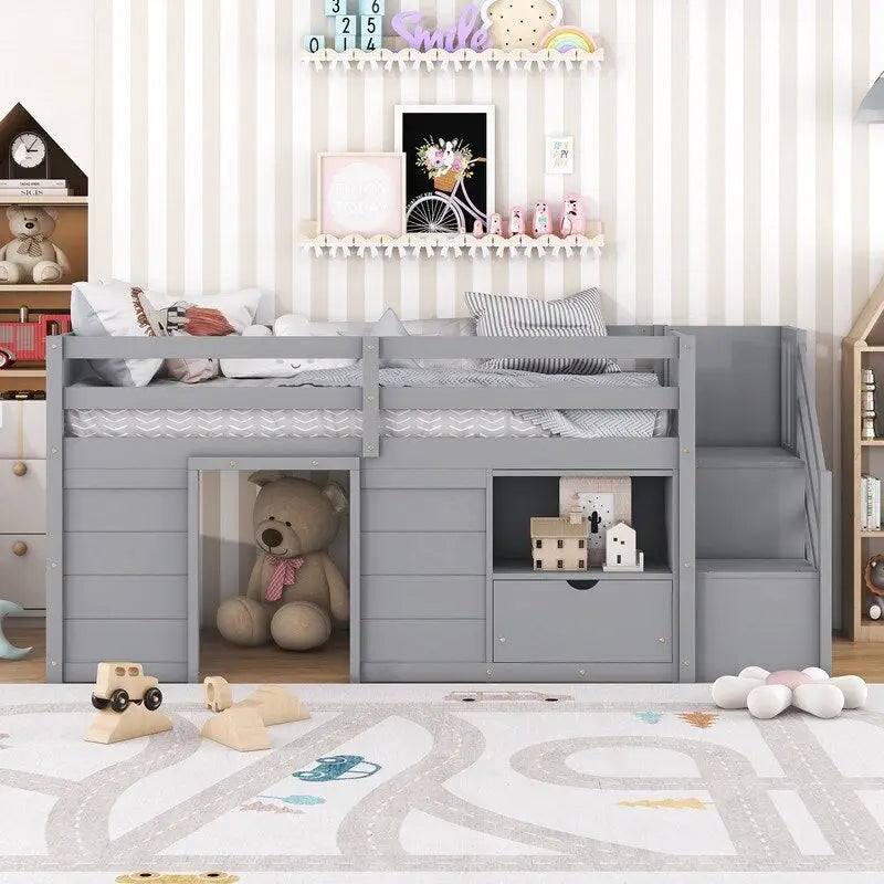 Solid Wood Twin Size Low Loft Bed With Stair, Drawer, and Shelf