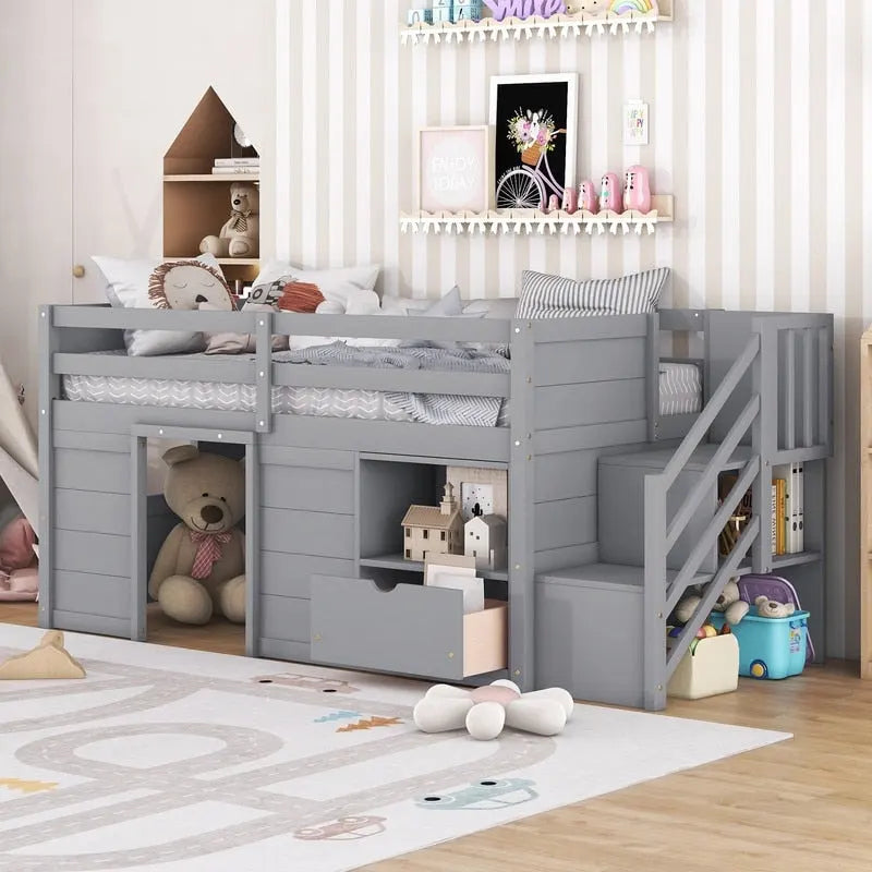 Solid Wood Twin Size Low Loft Bed With Stair, Drawer, and Shelf