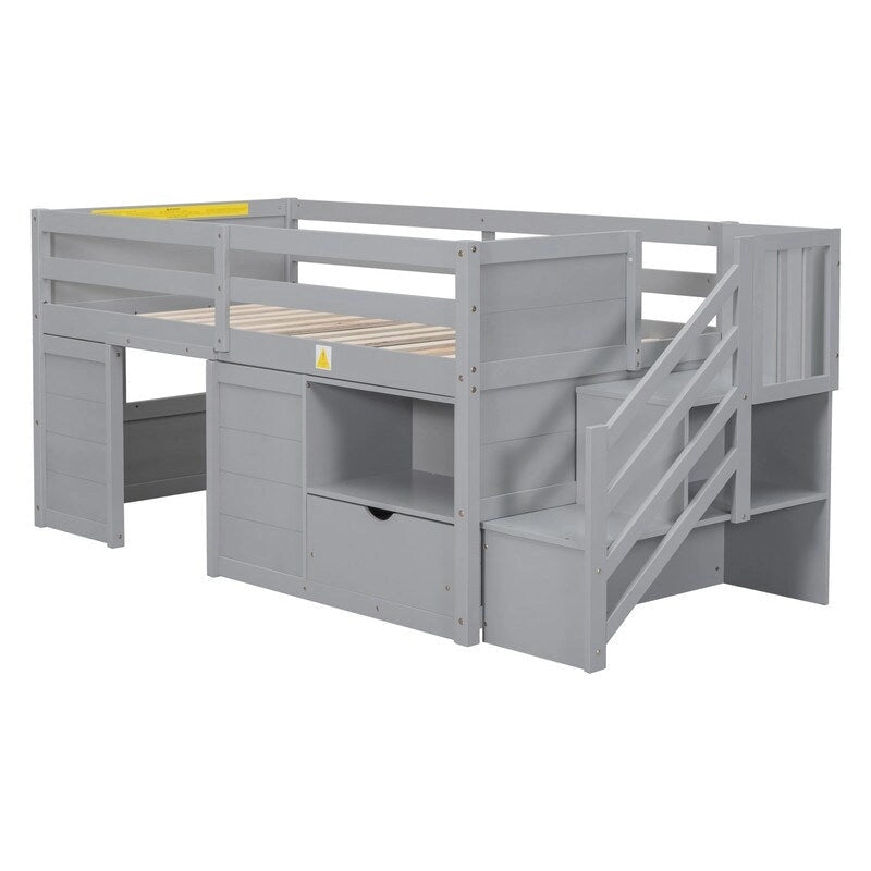 Solid Wood Twin Size Low Loft Bed With Stair, Drawer, and Shelf