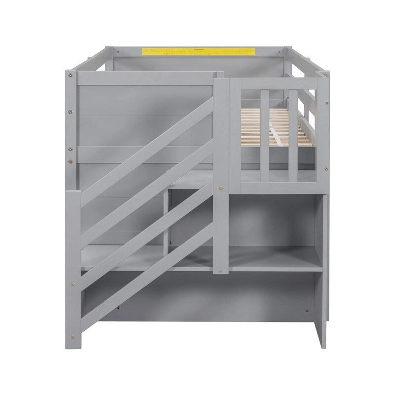 Solid Wood Twin Size Low Loft Bed With Stair, Drawer, and Shelf