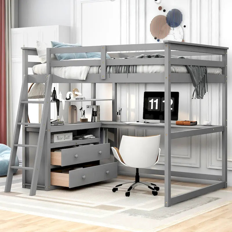 Full Size Loft Bed with Desk and Shelves