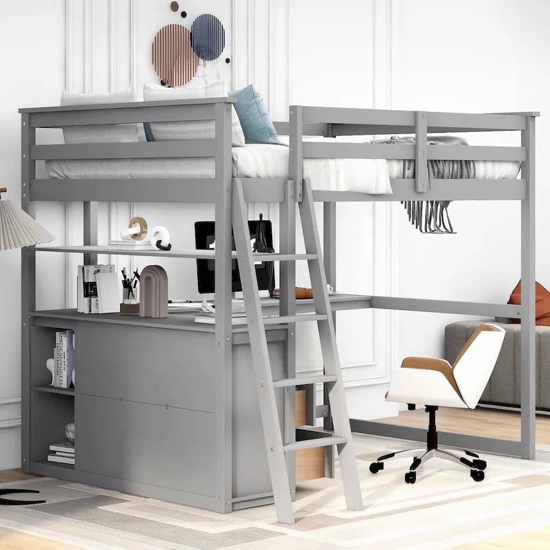 Full Size Loft Bed with Desk and Shelves