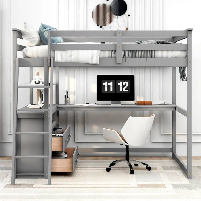Full Size Loft Bed with Desk and Shelves