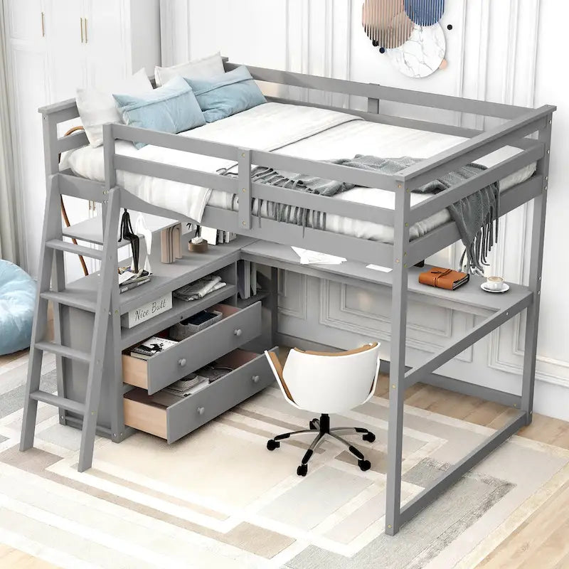 Full Size Loft Bed with Desk and Shelves