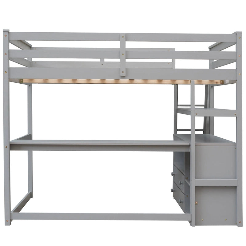 Full Size Loft Bed with Desk and Shelves