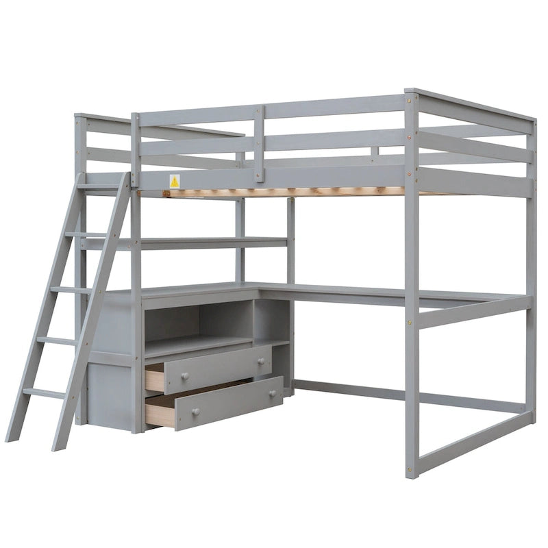 Full Size Loft Bed with Desk and Shelves