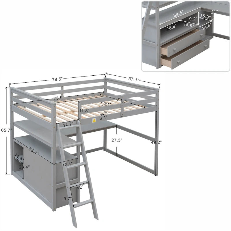 Full Size Loft Bed with Desk and Shelves