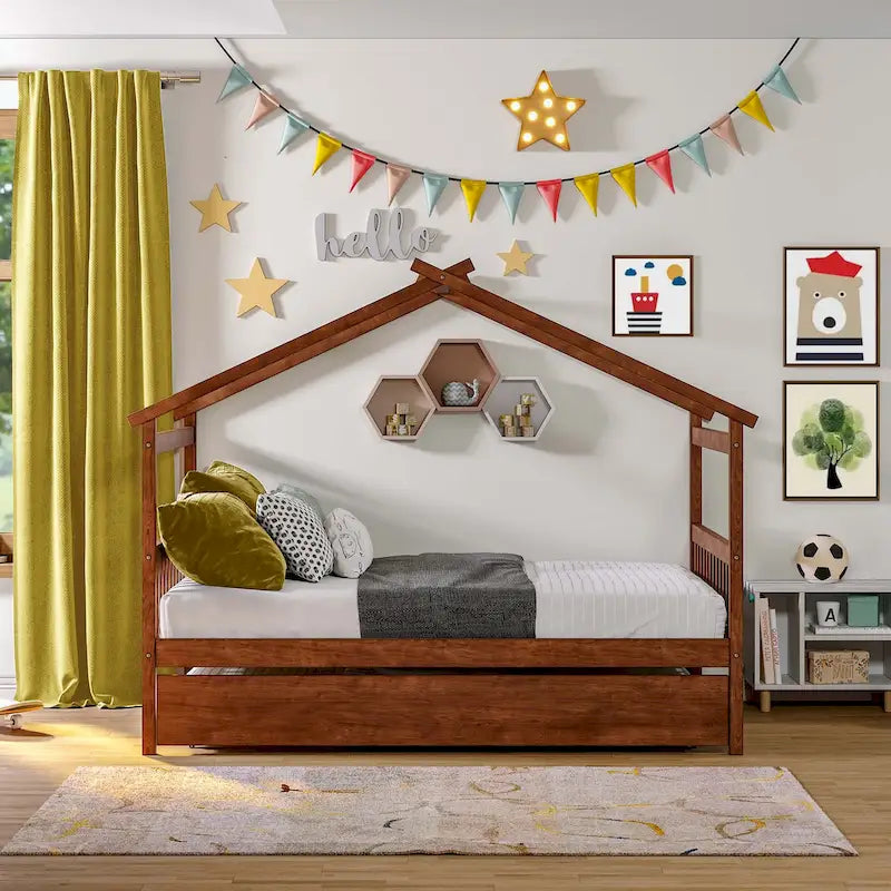 Simplistic Wooden House Bed with Trundle