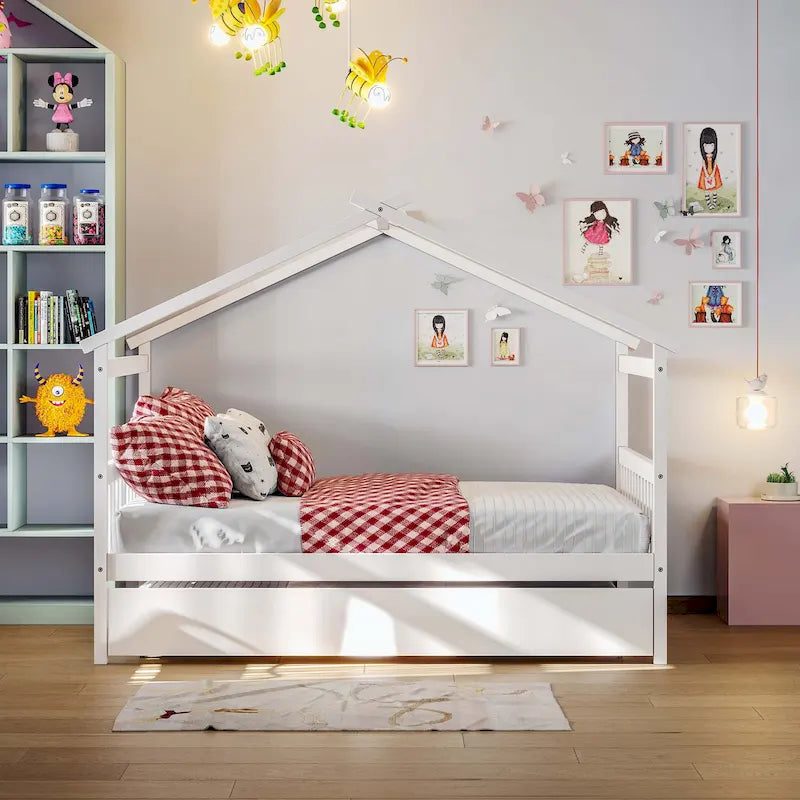 Simplistic Wooden House Bed with Trundle