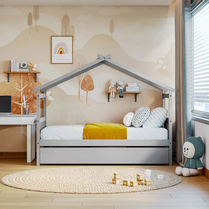 Simplistic Wooden House Bed with Trundle