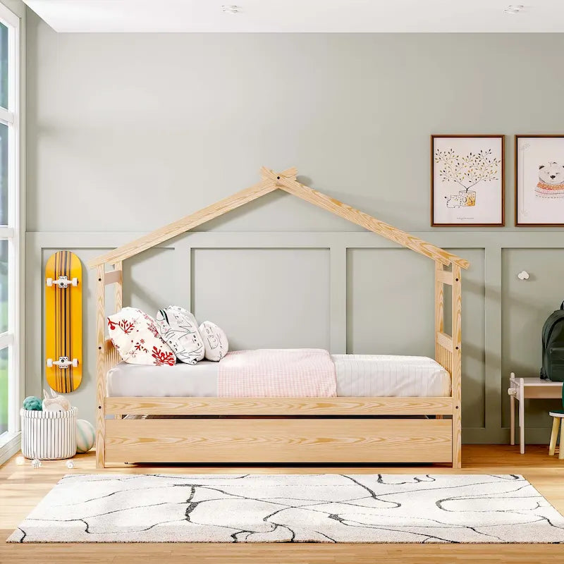 Simplistic Wooden House Bed with Trundle