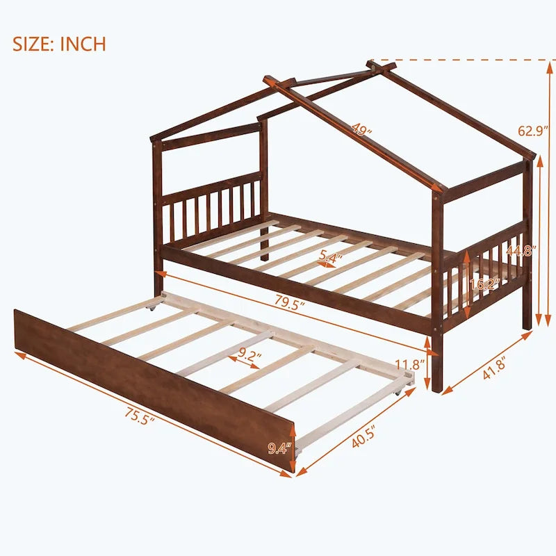 Simplistic Wooden House Bed with Trundle