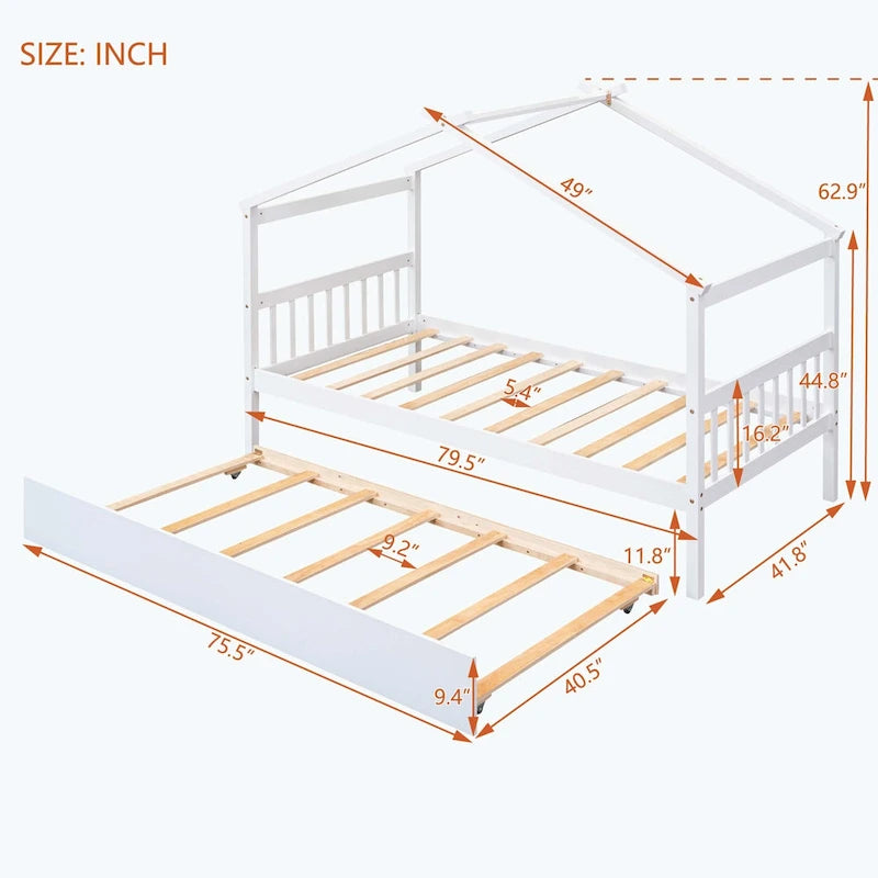 Simplistic Wooden House Bed with Trundle