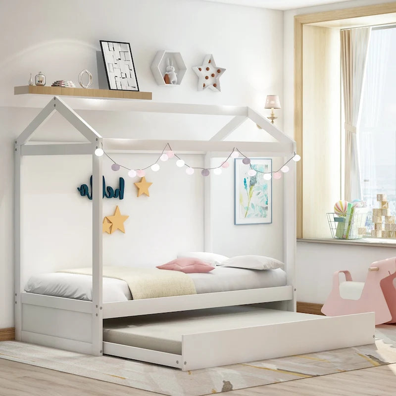 White Twin House Bed with Trundle