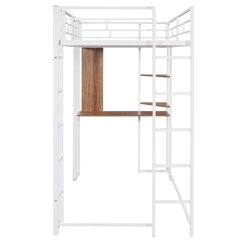 Metal Twin Size Loft Bed with Desk, Shelves