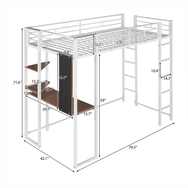 Metal Twin Size Loft Bed with Desk, Shelves