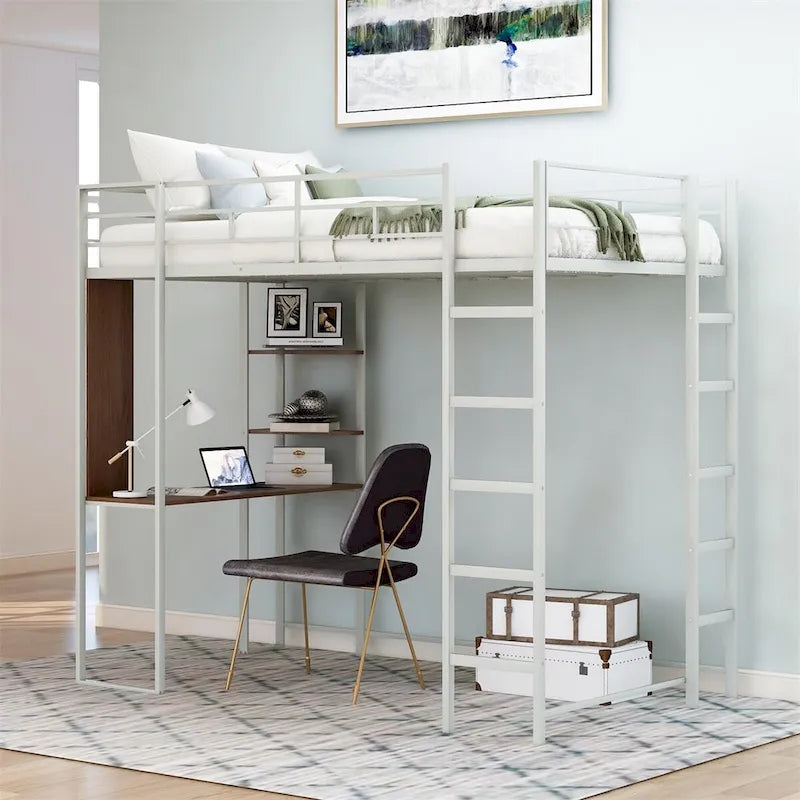 Metal Twin Size Loft Bed with Desk, Shelves
