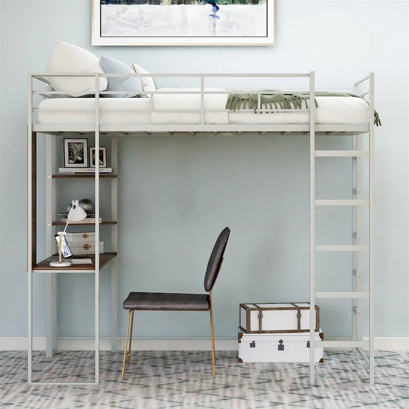 Metal Twin Size Loft Bed with Desk, Shelves