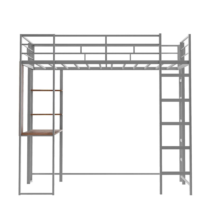 Metal Twin Size Loft Bed with Desk, Shelves